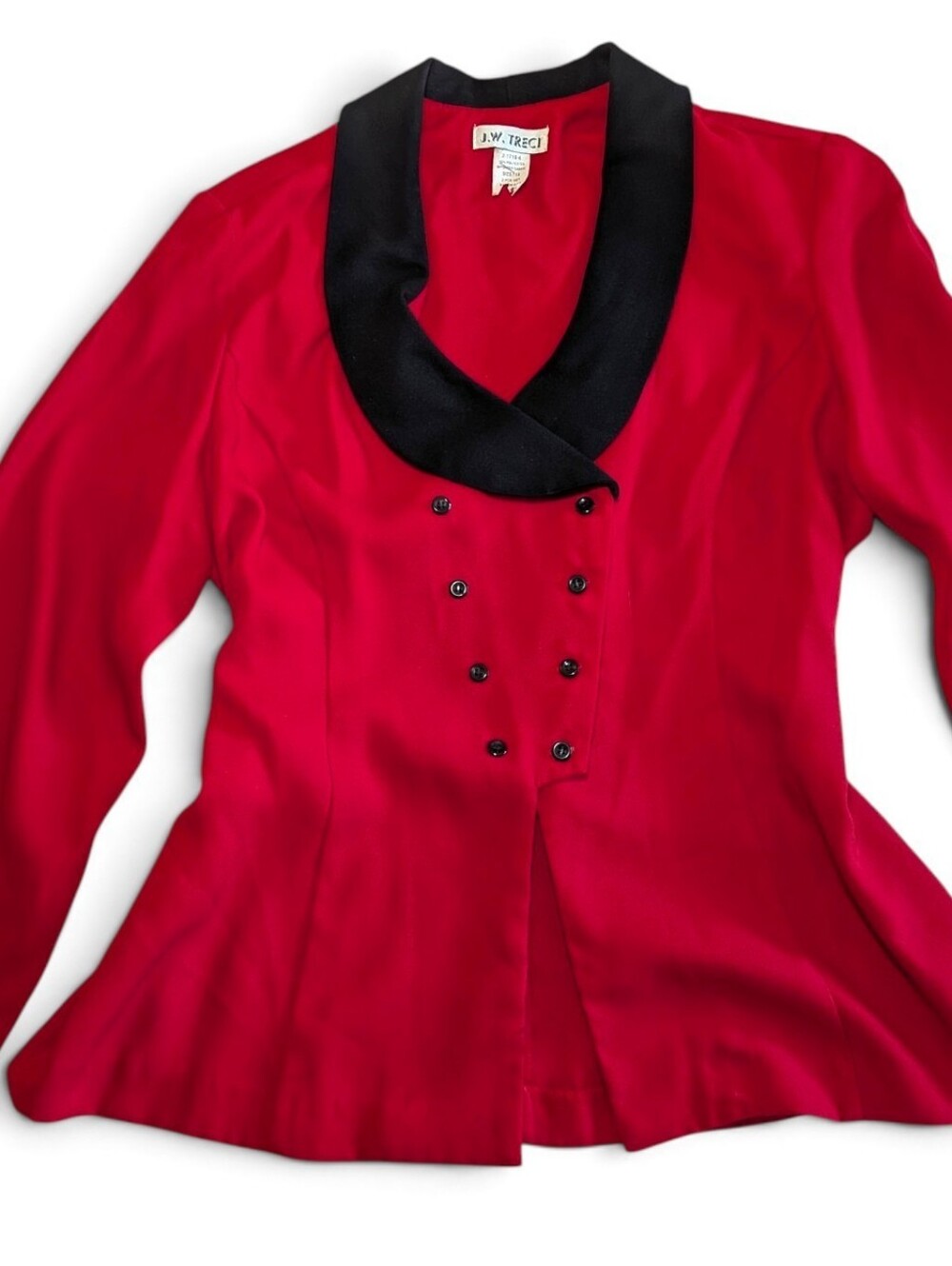 Vtg 90s J.W. Treci 18 Red Black Shawl Collar Double Breasted Peplum Blazer USA